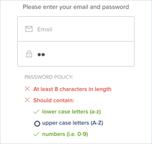 dynamic password requirement widget, example of error messaging