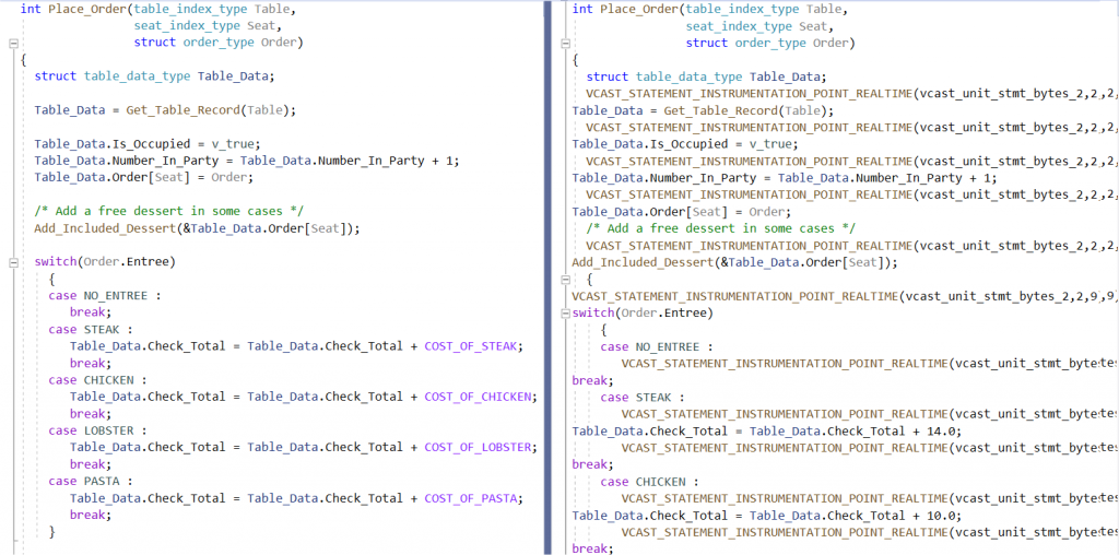 Original code and the instrumented (Statement Coverage) code side by side